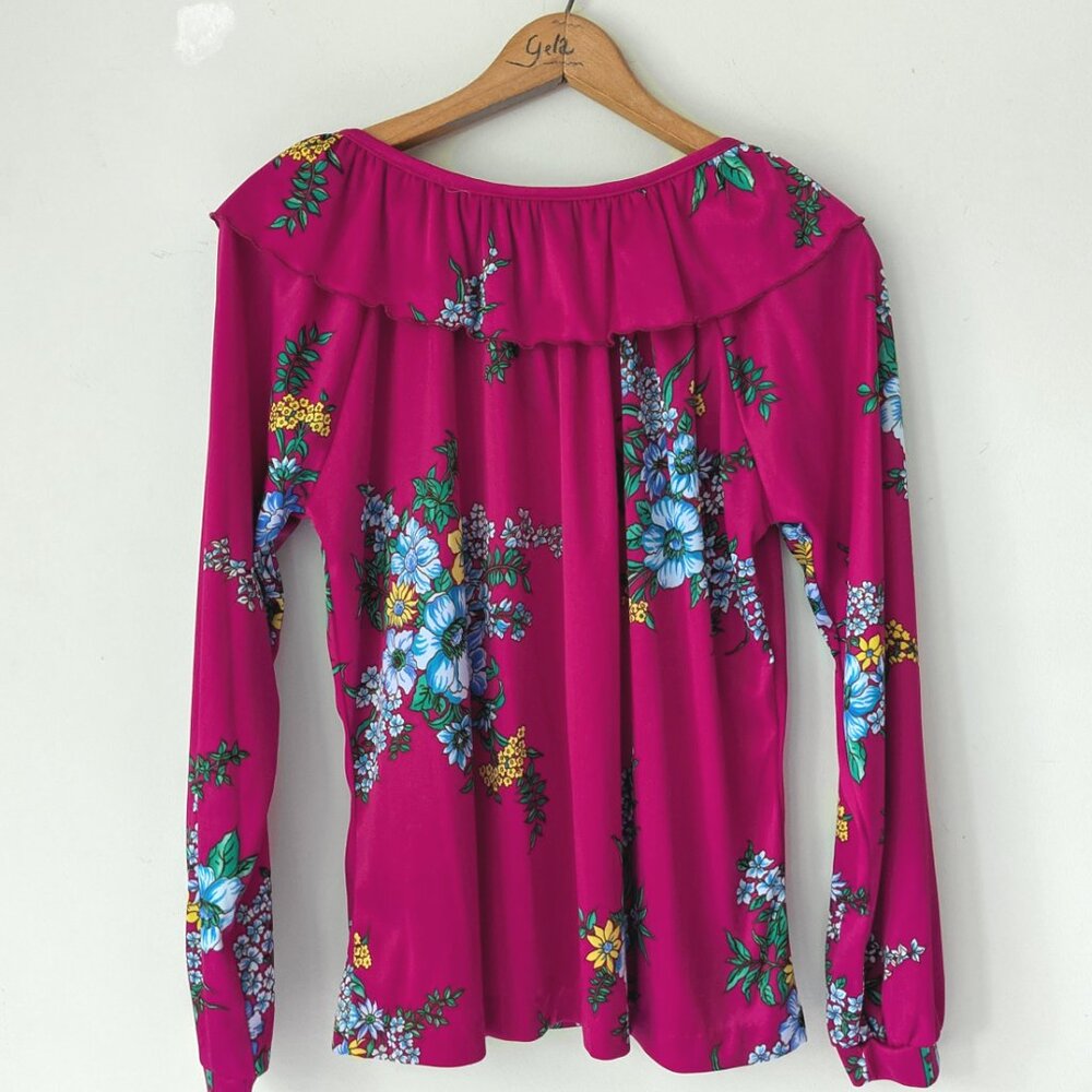 1970s vintage bright floral print ruffle peter pan collar blouse - Picture 5 of 6